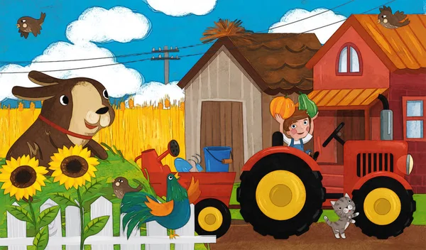 Cartoon Ranch Scene Happy Farmer Family Dog Illustration Children — Stock Photo, Image