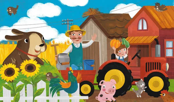 卡通片农场场景 为孩子们展示快乐的农民家庭和狗的图解 — 图库照片