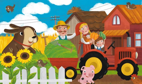 Dessin Animé Ranch Scène Avec Heureux Agriculteur Famille Chien Illustration — Photo