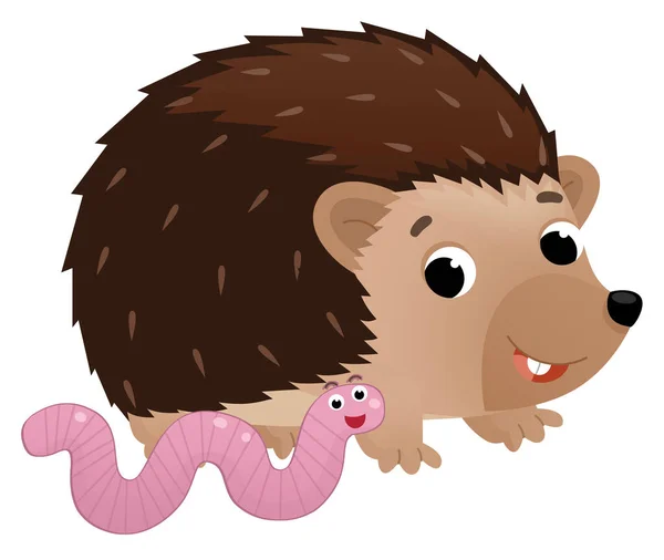 Cartoon Scene Cheerful Hedgehog Worm Isolated Illustration Children — Stock Photo, Image