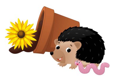 Çamurdan düşmüş kirpi ve solucanın çocuklar için izole edildiği bir çizgi film sahnesi.