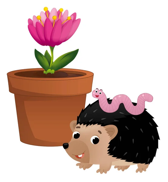花のための粘土伝統的な鍋と漫画シーンハリネズミと子供のためのワーム分離イラスト — ストック写真