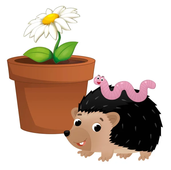 花のための粘土伝統的な鍋と漫画シーンハリネズミと子供のためのワーム分離イラスト — ストック写真