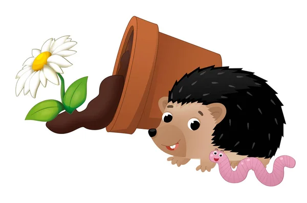 Cartoon Scene Fallen Overturned Clay Flower Pot Hedgehog Worm Isolated — Stock Photo, Image