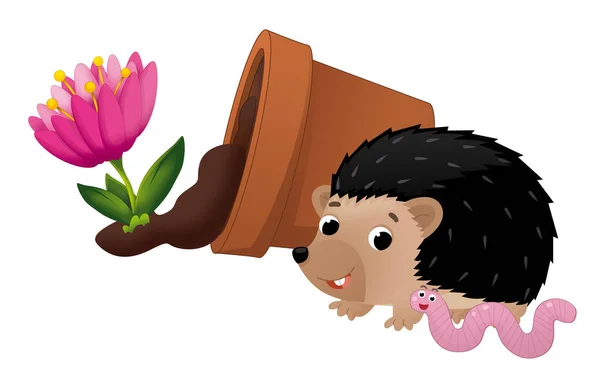 倒れた粘土の花のポットハリネズミと子供のためのワーム分離イラストを持つ漫画シーン — ストック写真