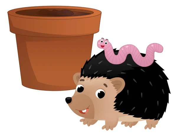 Cartoon Scene Clay Traditional Pot Flowers Hedgehog Worm Isolated Illustration — Stock Photo, Image