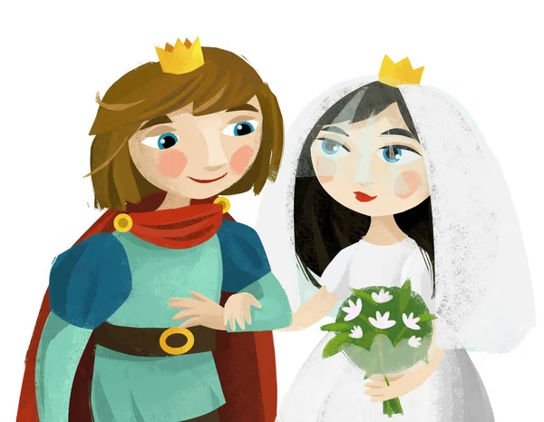 cartoon scene with prince king and princess queen on white background illustration for children