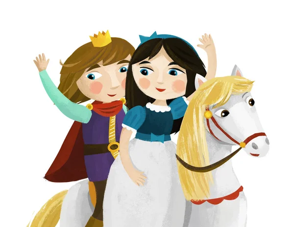 cartoon scene with prince king and princess queen on horse white background illustration for children