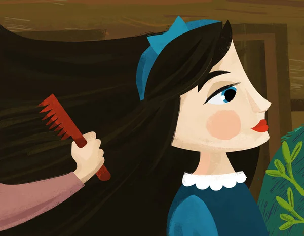 Cartoon Scene Princess Someone Combing Hairs Wooden House Illustration Children — Stock Photo, Image