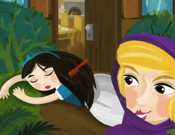 Cartoon Scéna Dřevěným Domem Lese Krásnou Mladou Dívkou Mluví Starou — Stock fotografie