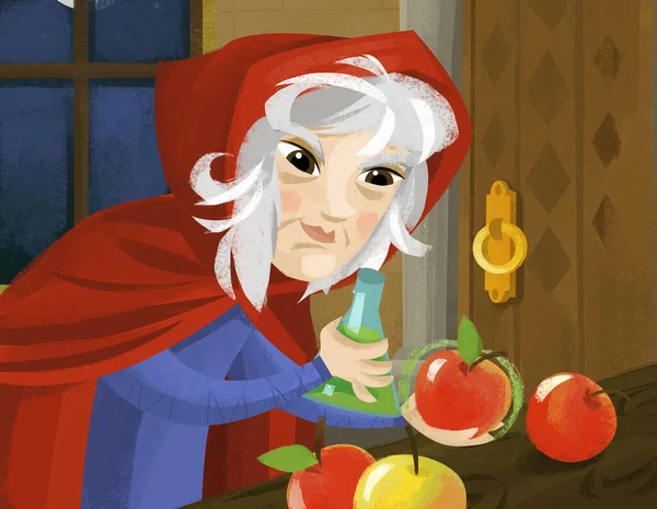 cartoon scene with old witch in the room with apples illustration for children