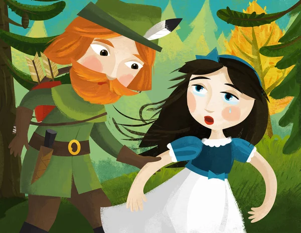 Kreskówka Scena Myśliwym Księżniczka Lesie Ilustracja Dla Dzieci — Zdjęcie stockowe