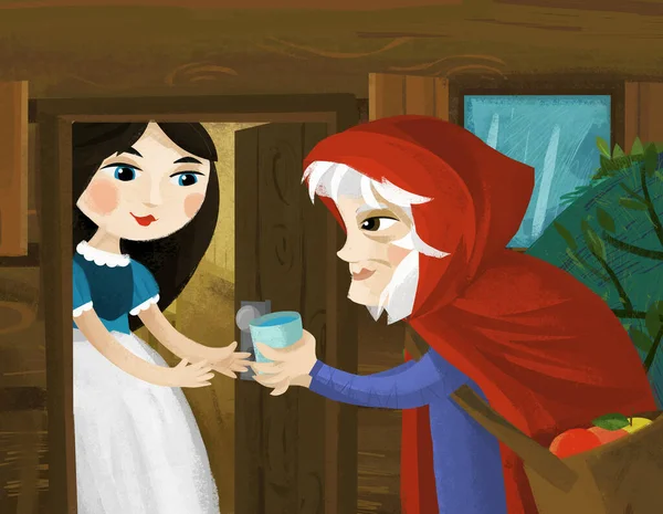 森林里的卡通片场景 有木制的房子 有一个漂亮的小女孩在和老太太说话 为孩子们做插图 — 图库照片