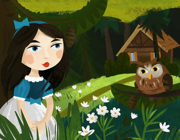 Cena Dos Desenhos Animados Com Princesa Perto Casa Floresta Sozinho — Fotografia de Stock