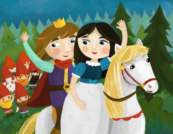 Tegnefilmscene Med Prins Prinsesse Hesten Skogsillustrasjonen Barn – stockfoto
