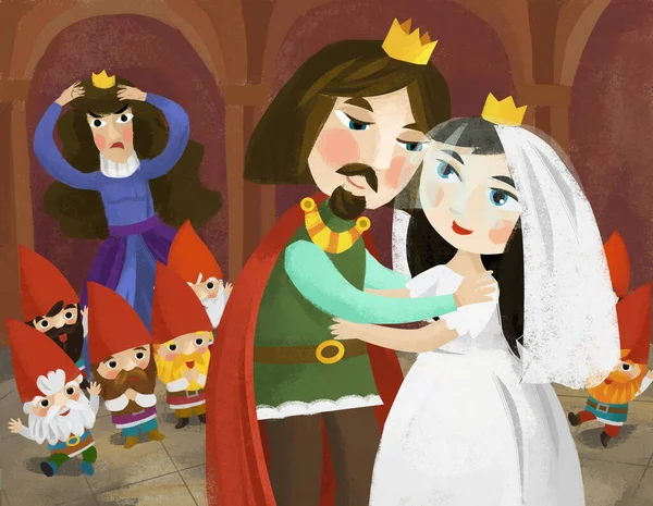 cartoon scene with husband and wife king and queen in castle illustration for children