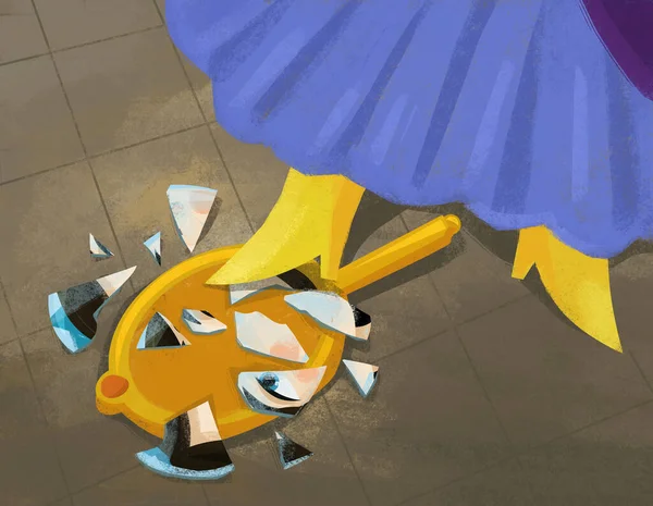 cartoon scene with someones foot on broken mirror isolated illustration for children