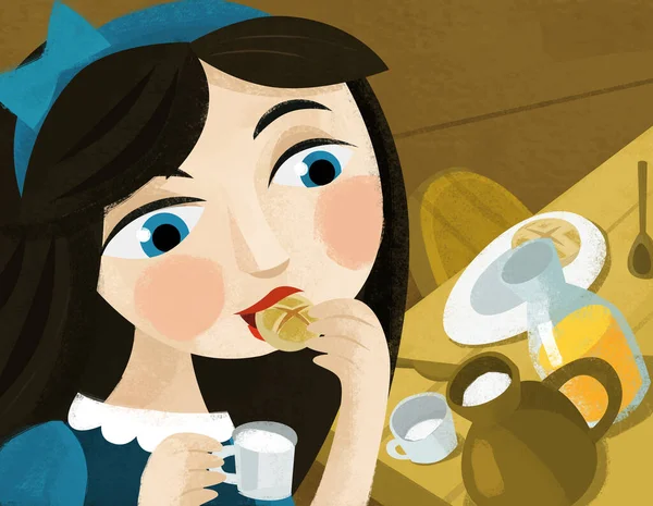 Rajzfilm Jelenet Étkező Parasztház Illusztráció Gyerekeknek — Stock Fotó