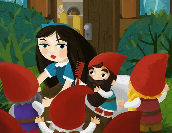 cartoon scene with princess near wooden farm house and dwarfs illustration for children