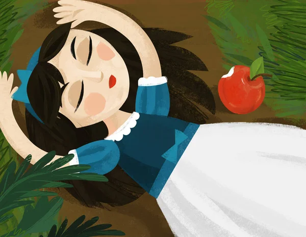 cartoon scene with princess in the farm house sleeping after eating apple illustration for children