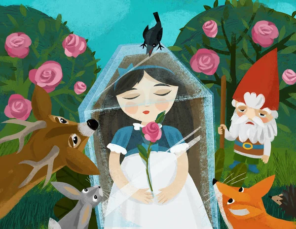 cartoon scene with girl princess and dwarfs illustration for children