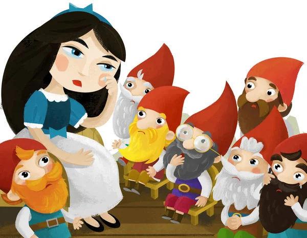cartoon scene with princess queen and dwarfs illustration for children