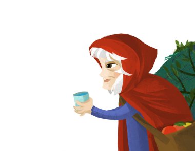 Çocuklar için beyaz arkaplanlı cadı resimli çizgi film sahnesi