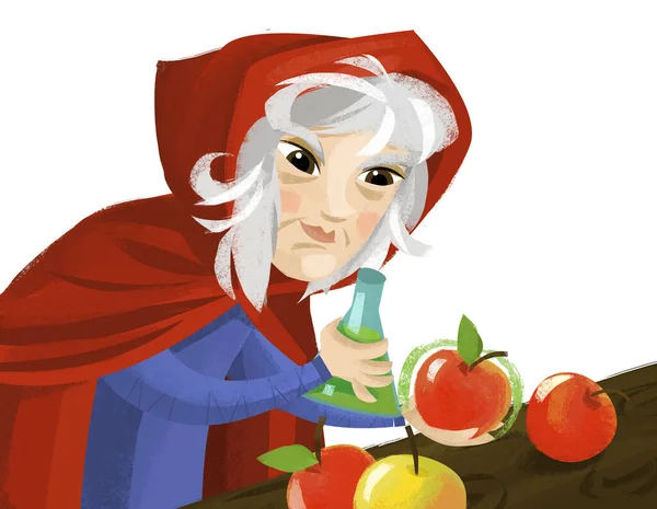 cartoon scene with old witch with magic apple illustration for children