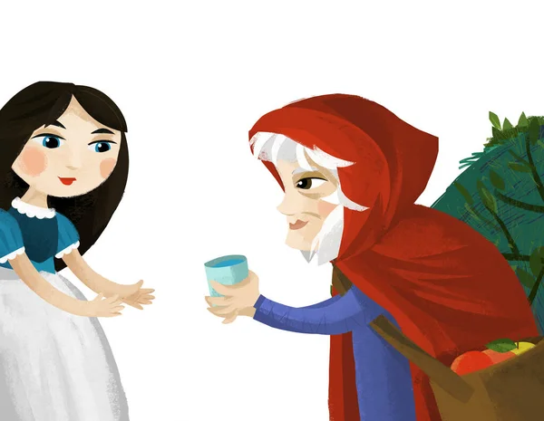 Zeichentrickszene Mit Prinzessin Und Hexe Gespräch Illustration Für Kinder — Stockfoto
