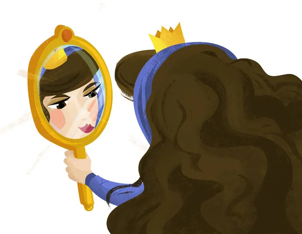Scena Del Fumetto Con Regina Principessa Guardando Nello Specchio Illustrazione — Foto Stock