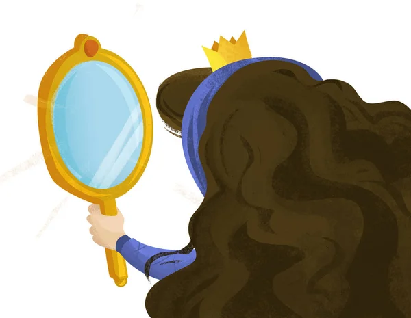 Cartoon Scene Queen Princess Looking Mirror Illustration Children — Stock Photo, Image