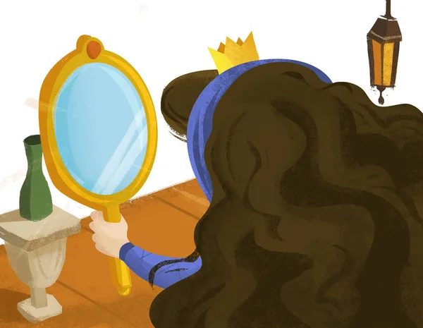 卡通片 女王或公主看着镜子中的儿童插图 — 图库照片