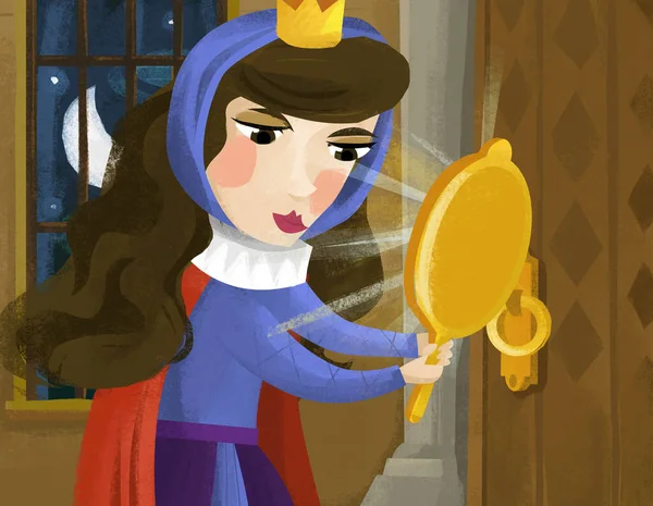 Cena Dos Desenhos Animados Com Rainha Princesa Castelo Olhando Espelho — Fotografia de Stock