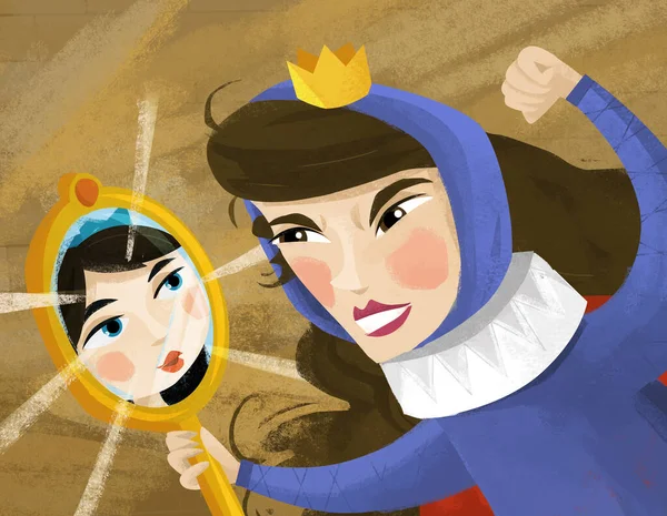 Cartoon Scene Queen Princess Castle Looking Mirror Illustration Children — Stock Photo, Image