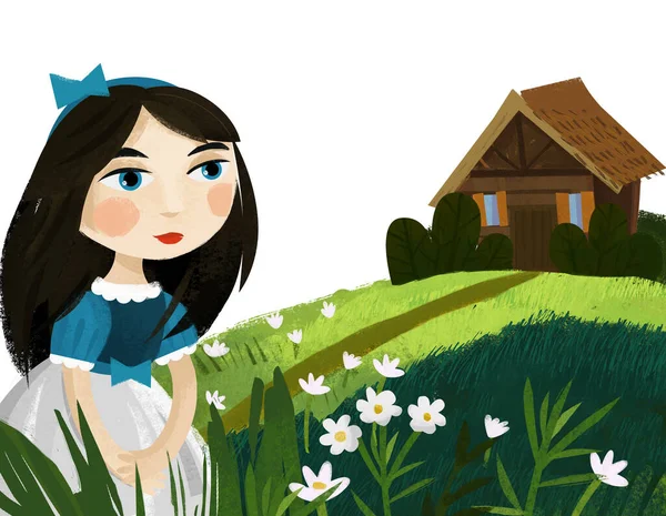 Escena Dibujos Animados Con Princesa Bosque Cerca Casa Madera Sola — Foto de Stock