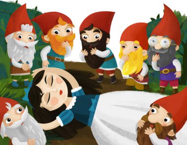 Prenses 'in ayakta duran cücelerin yanında uyuduğu karikatür sahnesi çocuklar için.