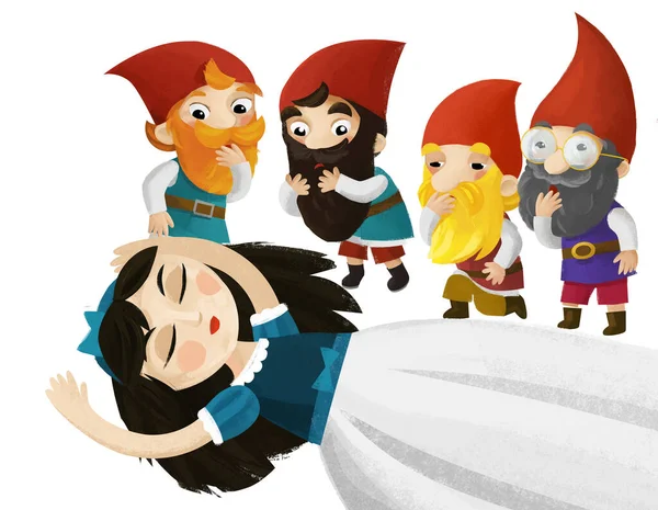 cartoon scene with princess sleeping near standing dwarfs illustration for children