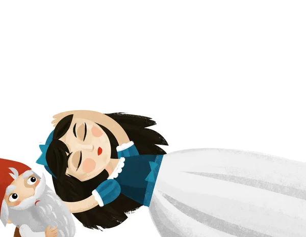 Cartoon Scene Princess Sleeping Standing Dwarfs Illustration Children — Stock Photo, Image