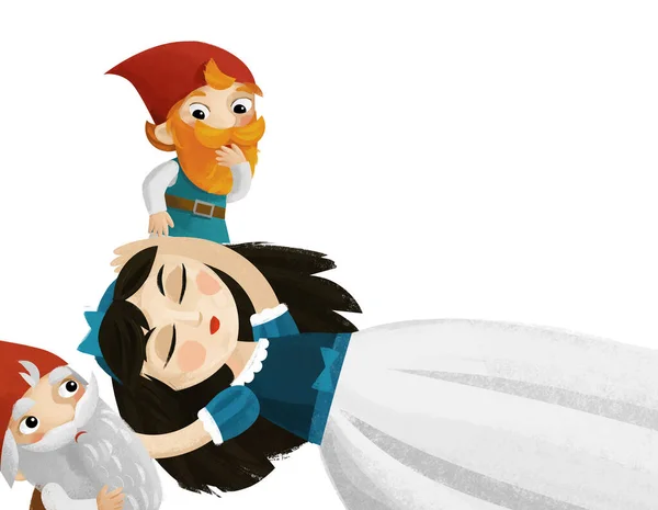 cartoon scene with princess sleeping near standing dwarfs illustration for children