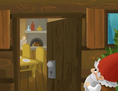 Prenses ve cücelerin çocuklar için resim çizdiği karikatür sahnesi