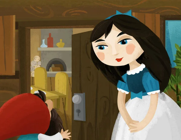 Cartoon Scene Princess Dwarfs Talking Illustration Children — Stock Photo, Image
