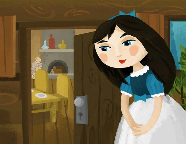 Cartoon Scene Met Prinses Dwergen Praten Illustratie Voor Kinderen — Stockfoto