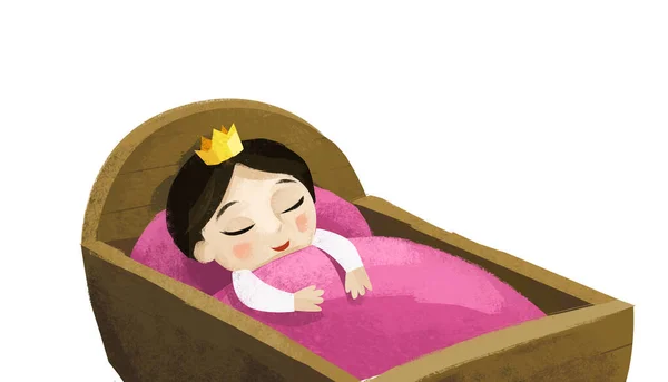 Cartoon Scene Infant Baby Wooden Cradle White Background Illustration Children — Stock Photo, Image