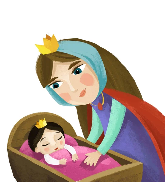 cartoon scene with infant baby and mother in wooden cradle on white background illustration for children