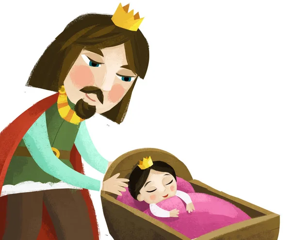 cartoon scene with infant baby and father in wooden cradle on white background illustration for children