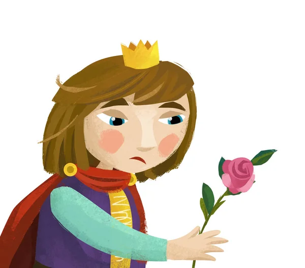 Cartoon Scene Prince King Holding Rose Flower Illustration Children — Stock Photo, Image