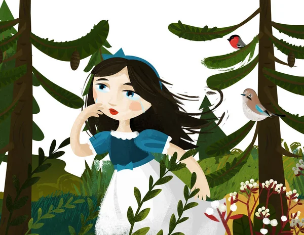 Tegnefilmscene Med Prinsesse Skogen Alene Illustrasjon Barn – stockfoto
