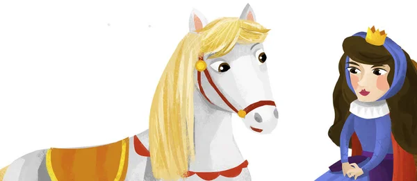 Σκηνή Κινουμένων Σχεδίων Πριγκίπισσα Βασίλισσα Τον Φίλο Της Άλογο Εικονογράφηση — Φωτογραφία Αρχείου