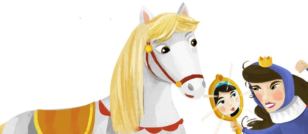 Σκηνή Κινουμένων Σχεδίων Πριγκίπισσα Βασίλισσα Τον Φίλο Της Άλογο Εικονογράφηση — Φωτογραφία Αρχείου