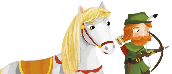 Tecknad Scen Med Prinsen Kung Med Sin Vän Häst Illustration — Stockfoto
